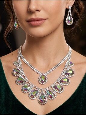Crystal Teardrop Multicolor Statement Necklace and Earring Set in box